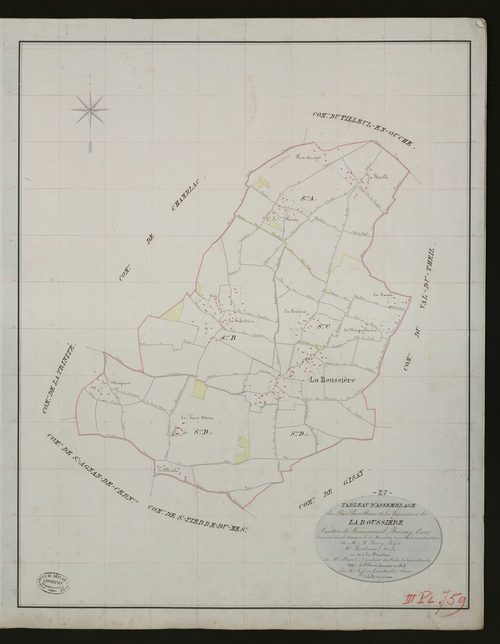 Roussière (La). Tableau d'assemblage _ du Plan Parcellaire de la Commune de La Roussière. _ Canton de Beaumesnil - Bernay - Eure. _ Terminé sur le terrain le 20 mars 1833 sous l'administration de M. A. Passy, Préfet _ M.Bordeaux maire _ en 