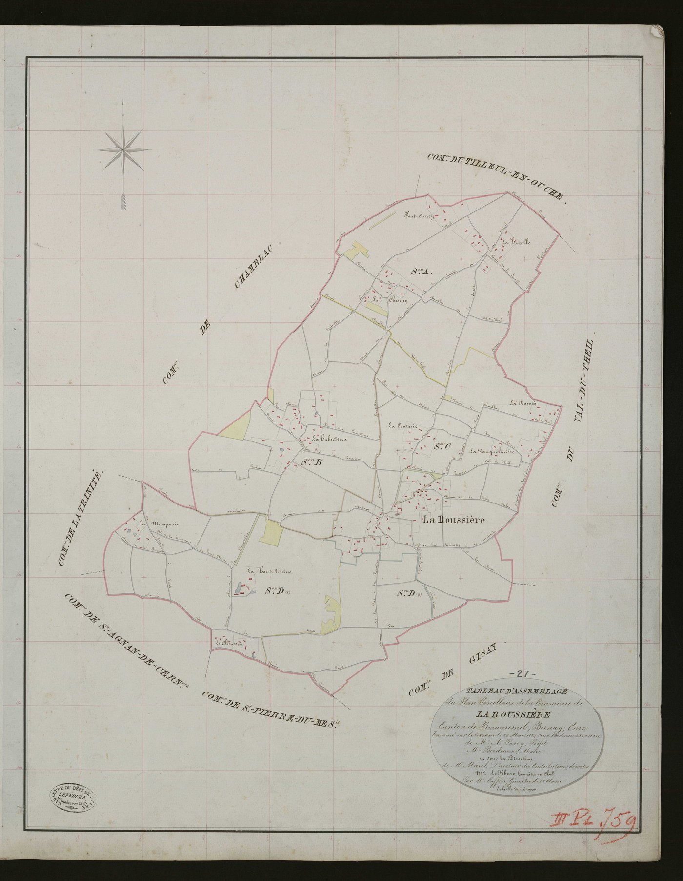 Roussière (La). Tableau d'assemblage _ du Plan Parcellaire de la Commune de La Roussière. _ Canton de Beaumesnil - Bernay - Eure. _ Terminé sur le terrain le 20 mars 1833 sous l'administration de M. A. Passy, Préfet _ M.Bordeaux maire _ en 