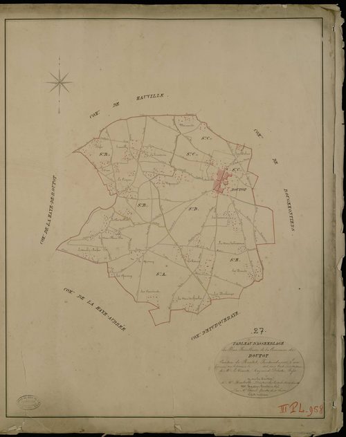 Routot. Tableau d'assemblage _ du Plan Parcellaire de la Commune de Routot _ Canton de Routot - Pontaudemer - Eure. _ Terminé sur le Terrain en 1826, sous l'administration de M.Le Vicomte Raymond Delaitre, Préfet _ sous la Direction de M.Hu