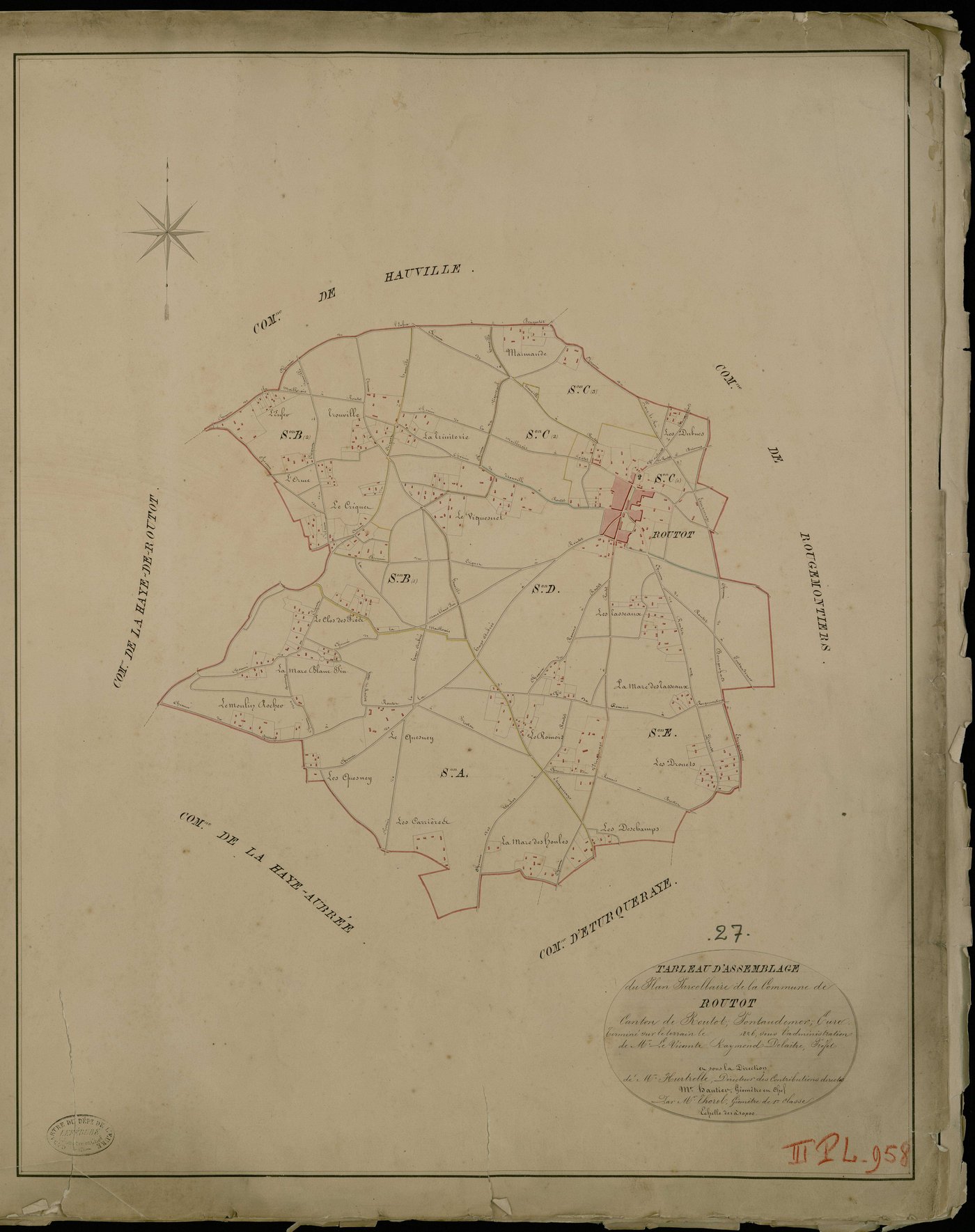 Routot. Tableau d'assemblage _ du Plan Parcellaire de la Commune de Routot _ Canton de Routot - Pontaudemer - Eure. _ Terminé sur le Terrain en 1826, sous l'administration de M.Le Vicomte Raymond Delaitre, Préfet _ sous la Direction de M.Hu