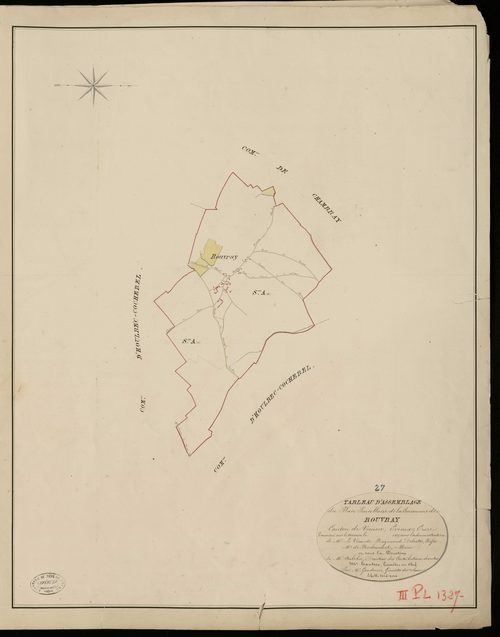Rouvray. Tableau d'assemblage _ du Plan Parcellaire de la Commune de Rouvray _ Canton de Vernon - Evreux - Eure. _ Terminé sur le Terrain en 1825, sous l'administration de M. Le Vicomte Raymond Delaitre, Préfet _ M. de Richemont, Maire _ et