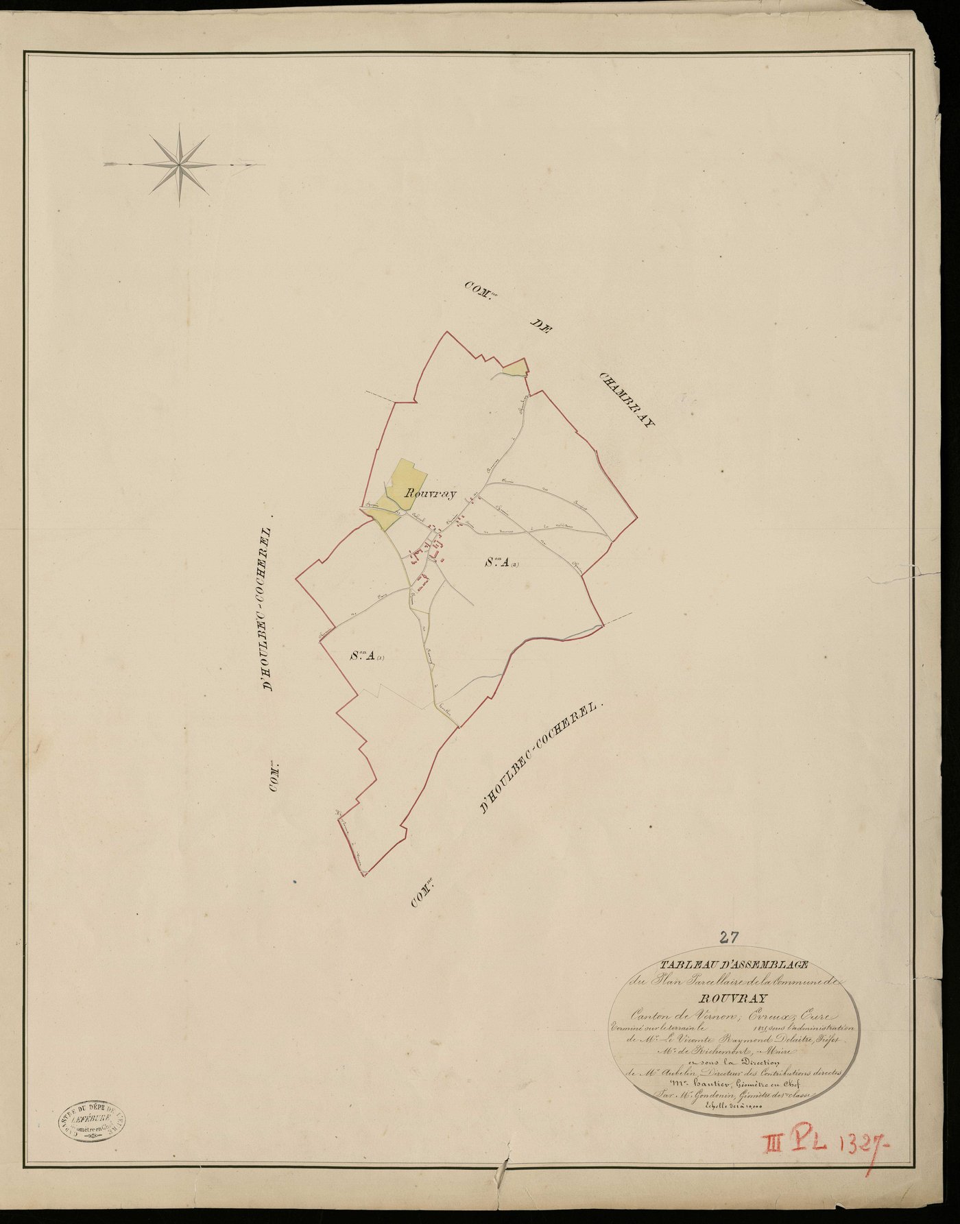 Rouvray. Tableau d'assemblage _ du Plan Parcellaire de la Commune de Rouvray _ Canton de Vernon - Evreux - Eure. _ Terminé sur le Terrain en 1825, sous l'administration de M. Le Vicomte Raymond Delaitre, Préfet _ M. de Richemont, Maire _ et