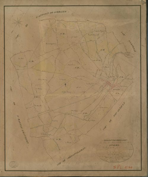 Rugles. Tableau d'assemblage _ du Plan Parcellaire de la Commune de Rugles _ Canton de Rugles - Evreux - Eure. _ Terminé sur le Terrain le 16 Avril 1835, sous l'administration de M. A Passy, Préfet _ M. Maillard, Maire _ et sous la Directio