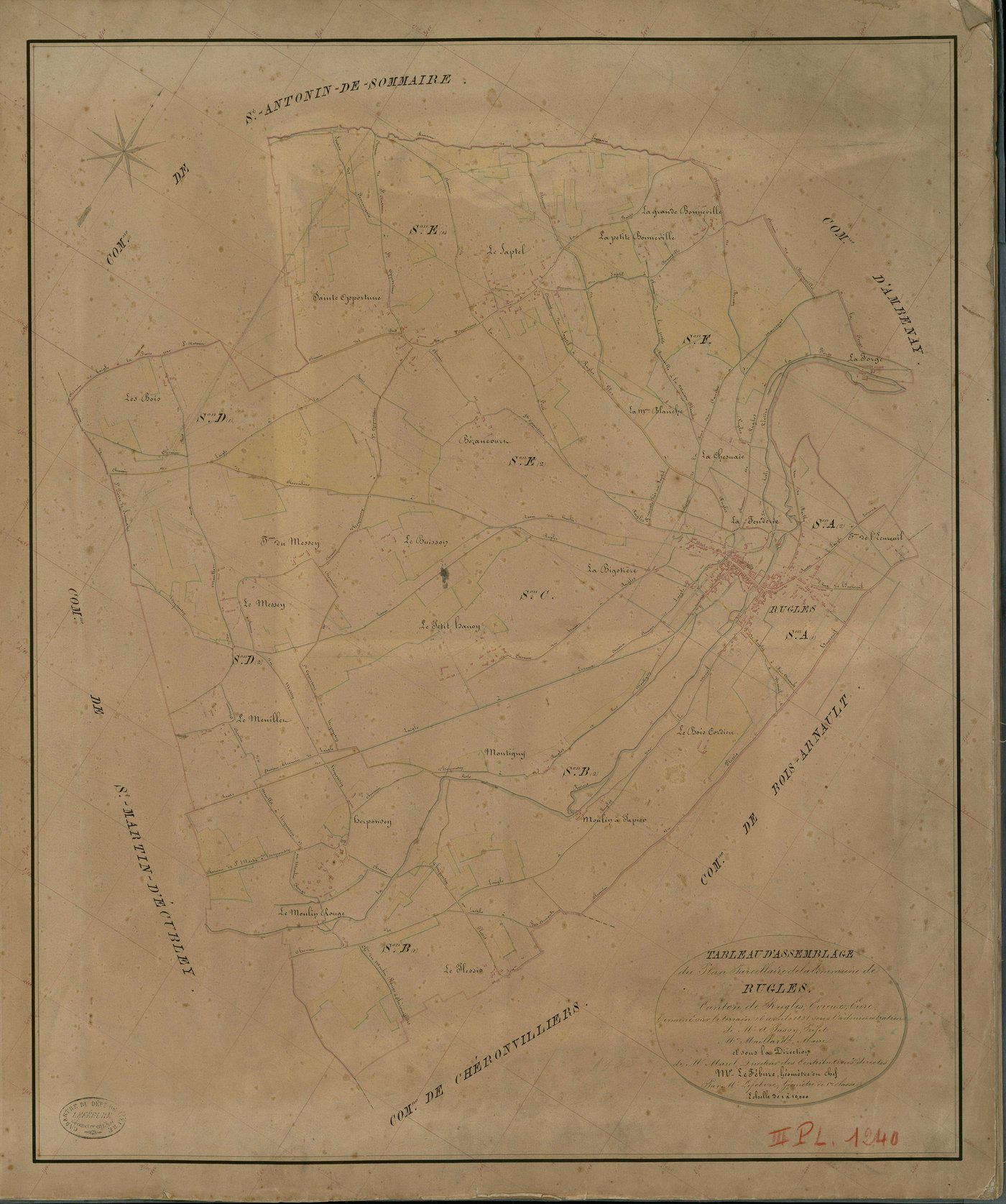 Rugles. Tableau d'assemblage _ du Plan Parcellaire de la Commune de Rugles _ Canton de Rugles - Evreux - Eure. _ Terminé sur le Terrain le 16 Avril 1835, sous l'administration de M. A Passy, Préfet _ M. Maillard, Maire _ et sous la Directio