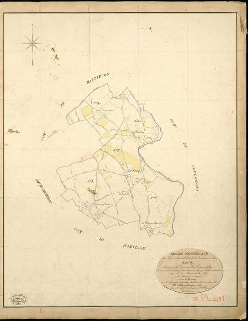 Sacq (Le). Tableau d'assemblage _ du Plan Parcellaire de la Commune de Sacq _ Canton de Damville - Evreux - Eure. _ Terminé sur le Terrain le 28 Septembre 1839 , sous l'administration de M. de Monicault, Préfet _ M. Mesnil, Maire _ sous la 