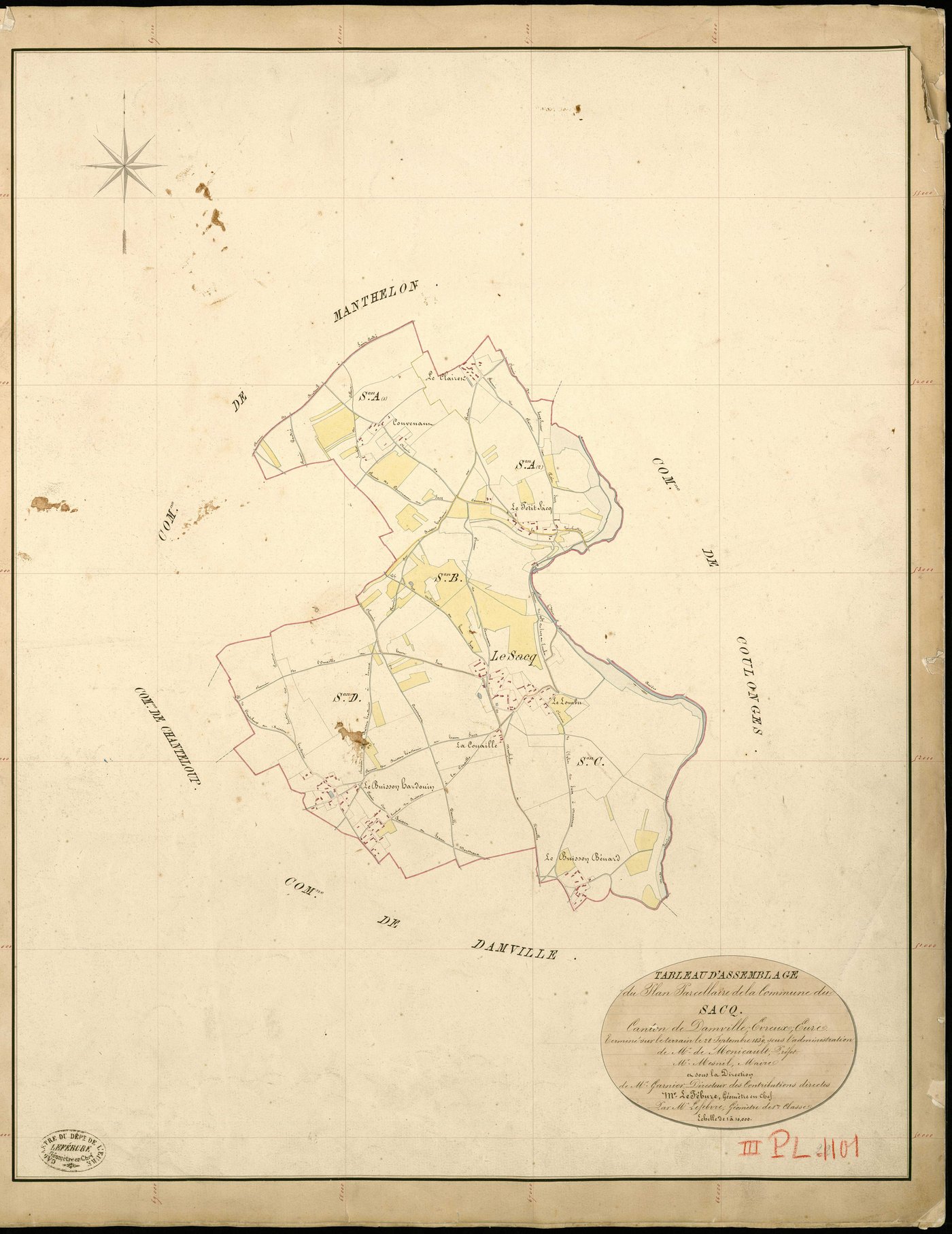 Sacq (Le). Tableau d'assemblage _ du Plan Parcellaire de la Commune de Sacq _ Canton de Damville - Evreux - Eure. _ Terminé sur le Terrain le 28 Septembre 1839 , sous l'administration de M. de Monicault, Préfet _ M. Mesnil, Maire _ sous la 