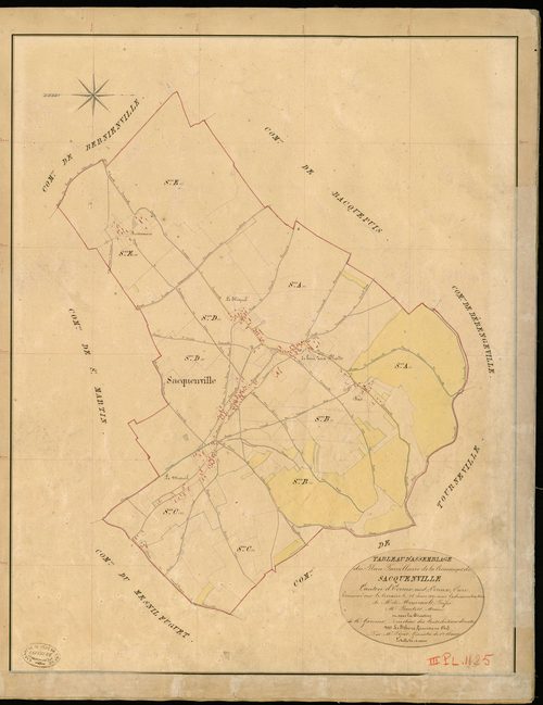Sacquenville. Tableau d'assemblage _ du Plan Parcellaire de la Commune de Sacquenville _ Canton de Evreux (nord) - Evreux - Eure. _ Terminé sur le Terrain le 18 Juin 1841 , sous l'administration de M. de Monicault, Préfet _ M. Bautier, Mair