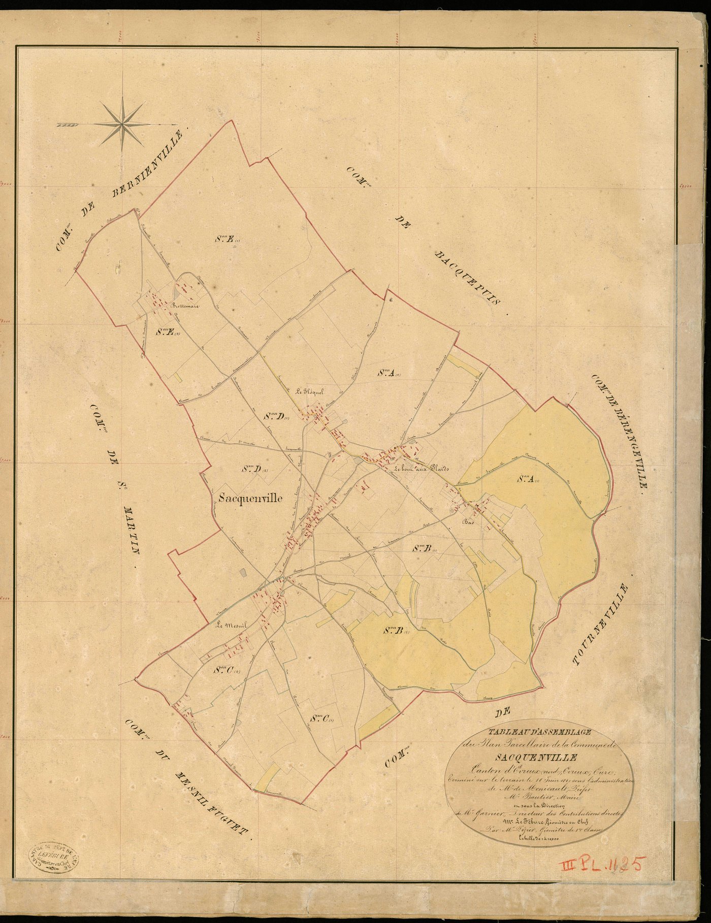Sacquenville. Tableau d'assemblage _ du Plan Parcellaire de la Commune de Sacquenville _ Canton de Evreux (nord) - Evreux - Eure. _ Terminé sur le Terrain le 18 Juin 1841 , sous l'administration de M. de Monicault, Préfet _ M. Bautier, Mair