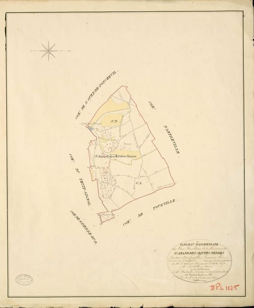 Saint-Amand-des-Hautes-Terres. Tableau d'assemblage _ du Plan Parcellaire de la Commune de St Amand-des-hautes-terres _ Canton d'Amfreville - Louviers - Eure. _ Terminé sur le Terrain en 1828 , sous l'administration de M. Le Vicomte Raymond