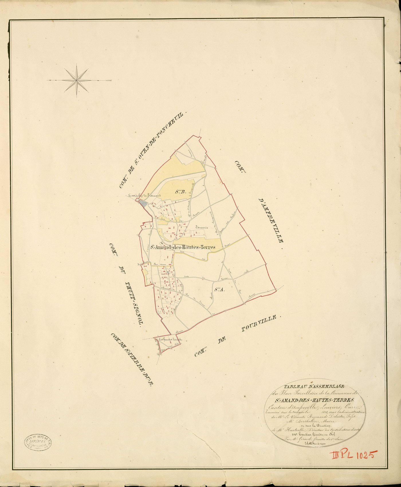 Saint-Amand-des-Hautes-Terres. Tableau d'assemblage _ du Plan Parcellaire de la Commune de St Amand-des-hautes-terres _ Canton d'Amfreville - Louviers - Eure. _ Terminé sur le Terrain en 1828 , sous l'administration de M. Le Vicomte Raymond