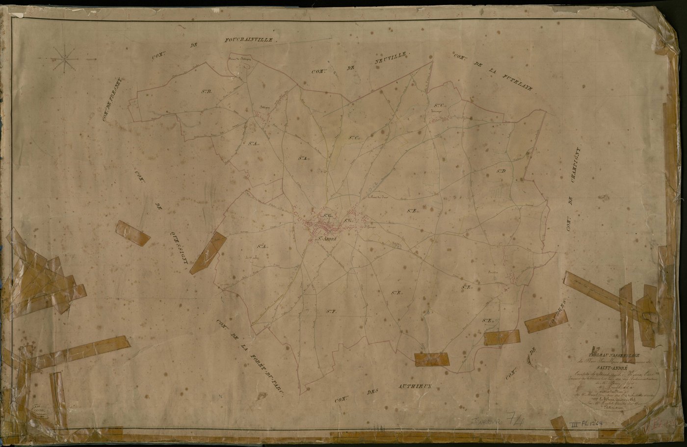 Saint-André-de-l'Eure. Tableau d'assemblage _ du Plan Parcellaire de la Commune de Saint André _ Canton de Saint André - Evreux - Eure. _ Terminé sur le Terrain le 18 Juin 1838, sous l'administration de M. Passy, Préfet _ M. Duval, Maire _ 