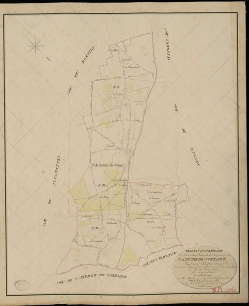 Saint-Antonin-de-Sommaire. Tableau d'assemblage _ du Plan Parcellaire de la Commune de St Antonin de Sommaire _ Canton de Rugles - Evreux - Eure. _ Terminé sur le Terrain le 25 Juin 1834, sous l'administration de M. A Passy, Préfet _ M. Rog