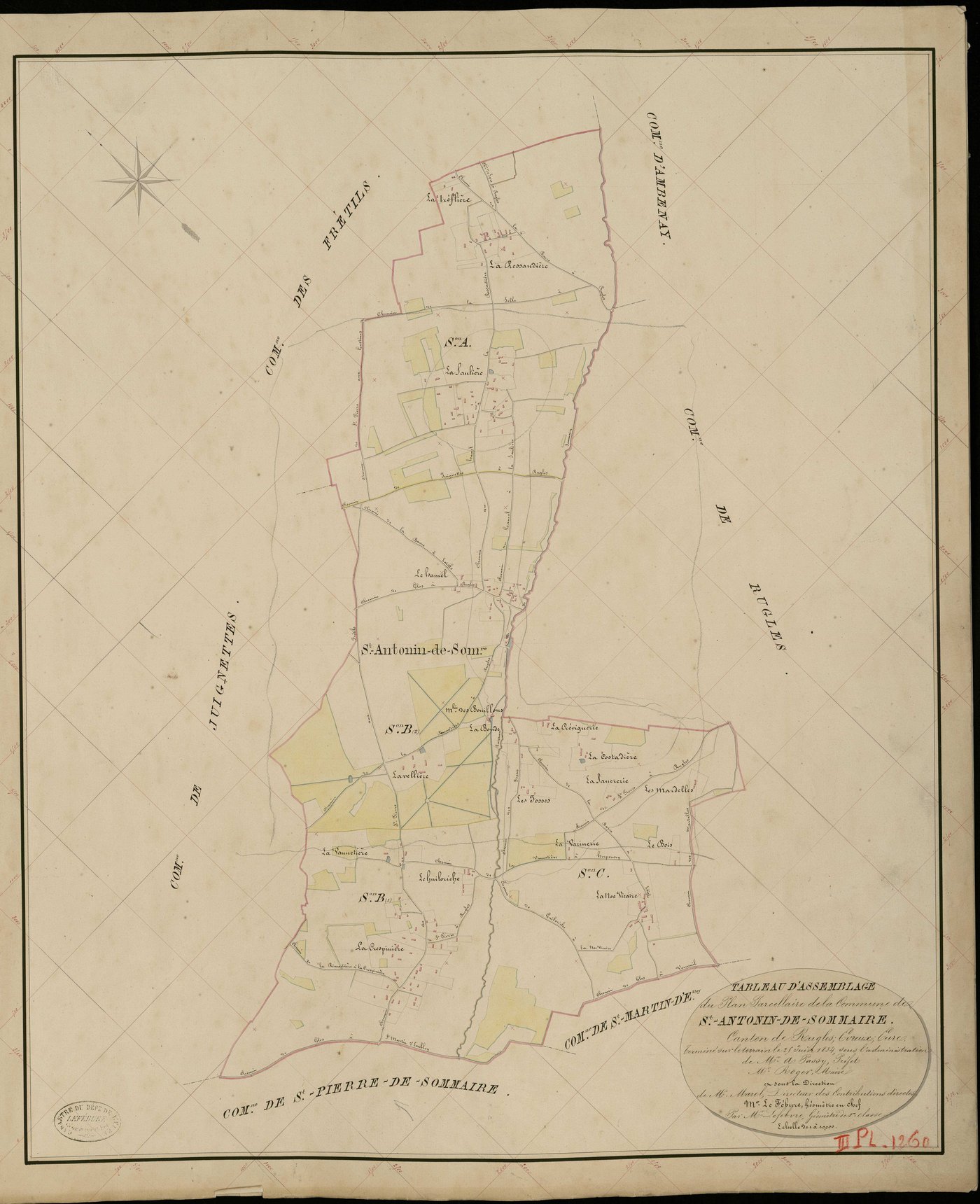 Saint-Antonin-de-Sommaire. Tableau d'assemblage _ du Plan Parcellaire de la Commune de St Antonin de Sommaire _ Canton de Rugles - Evreux - Eure. _ Terminé sur le Terrain le 25 Juin 1834, sous l'administration de M. A Passy, Préfet _ M. Rog