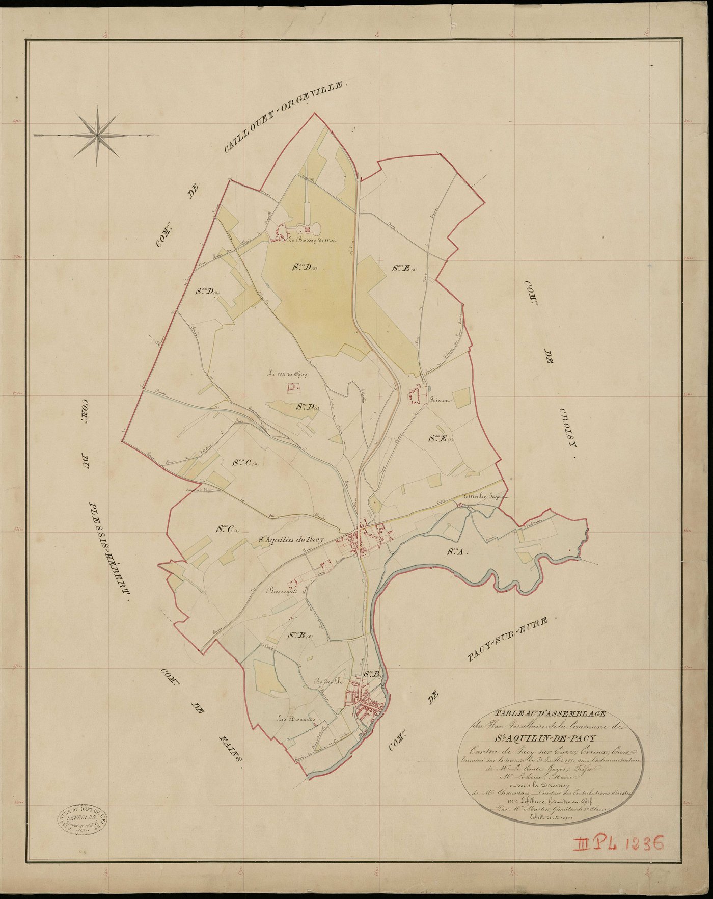 Saint-Aquilin-de-Pacy. Tableau d'assemblage _ du Plan Parcellaire de la Commune de St Aquilin de Pacy _ Canton de Pacy sur Eure - Evreux - Eure. _ Terminé sur le Terrain le 31 Juillet 1851, sous l'administration de M. Le Comte Guyot, Préfet