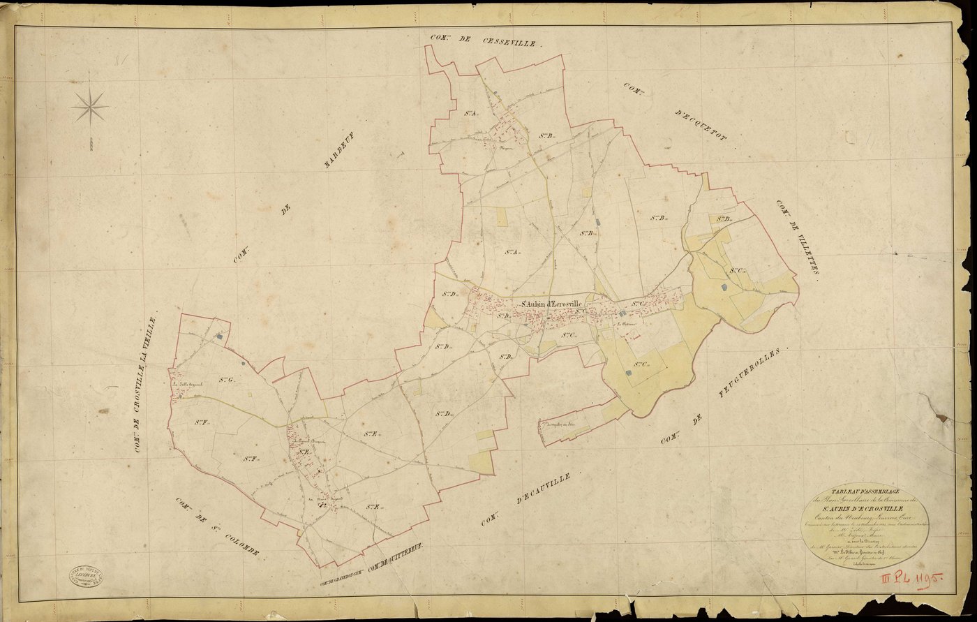 Saint-Aubin-d'Ecrosville. Tableau d'assemblage _ du Plan Parcellaire de la Commune de St Aubin d'Ecrosville _ Canton de Neubourg - Louviers - Eure. _ Terminé sur le Terrain le 14 Novembre 1843, sous l'administration de M. Zédé, Préfet _ M. 