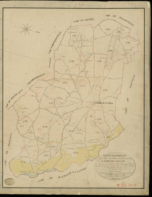 Saint-Aubin-de-Scellon. Tableau d'assemblage _ du Plan Parcellaire de la Commune des St Aubin de Scellon _ Canton de Thiberville - Bernay - Eure. _ Terminé sur le Terrain le 5 Aout 1846 , sous l'administration de M. petit de Bantel, Préfet 