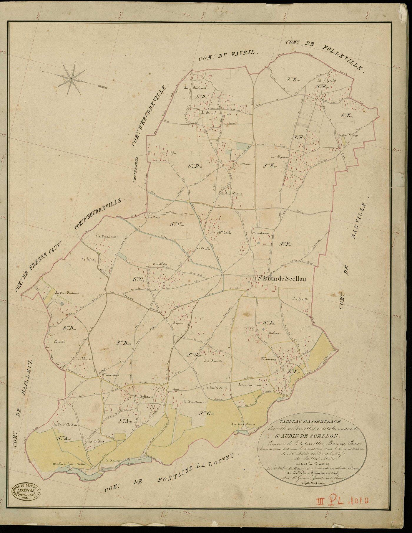 Saint-Aubin-de-Scellon. Tableau d'assemblage _ du Plan Parcellaire de la Commune des St Aubin de Scellon _ Canton de Thiberville - Bernay - Eure. _ Terminé sur le Terrain le 5 Aout 1846 , sous l'administration de M. petit de Bantel, Préfet 