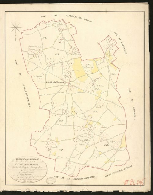 Saint-Aubin-du-Thenney. Tableau d'assemblage du Plan Parcellaire de la Commune de Saint-Aubin-du-Thenney. _ Canton de Broglie - Bernay - Eure. _ Terminé sur le terrain le 9 Février 1831, sous l'administration de M. Passy, Préfet - M. Guerou