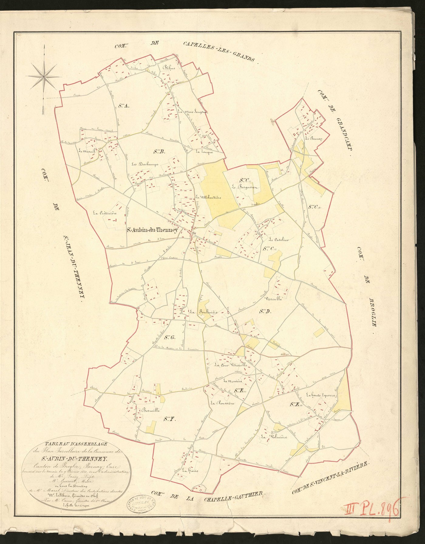 Saint-Aubin-du-Thenney. Tableau d'assemblage du Plan Parcellaire de la Commune de Saint-Aubin-du-Thenney. _ Canton de Broglie - Bernay - Eure. _ Terminé sur le terrain le 9 Février 1831, sous l'administration de M. Passy, Préfet - M. Guerou