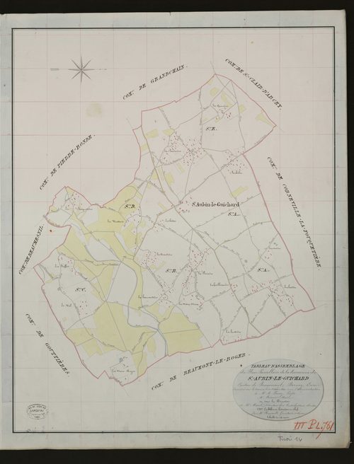 Saint-Aubin-le-Guichard. Tableau d'assemblage _ du Plan Parcellaire de la Commune de St-Aubin-le-Guichard. _ Canton de Beaumesnil - Bernay - Eure. _ Terminé sur le terrain le 22 octobre 1833 sous l'administration de M. A. Passy, Préfet _ M.