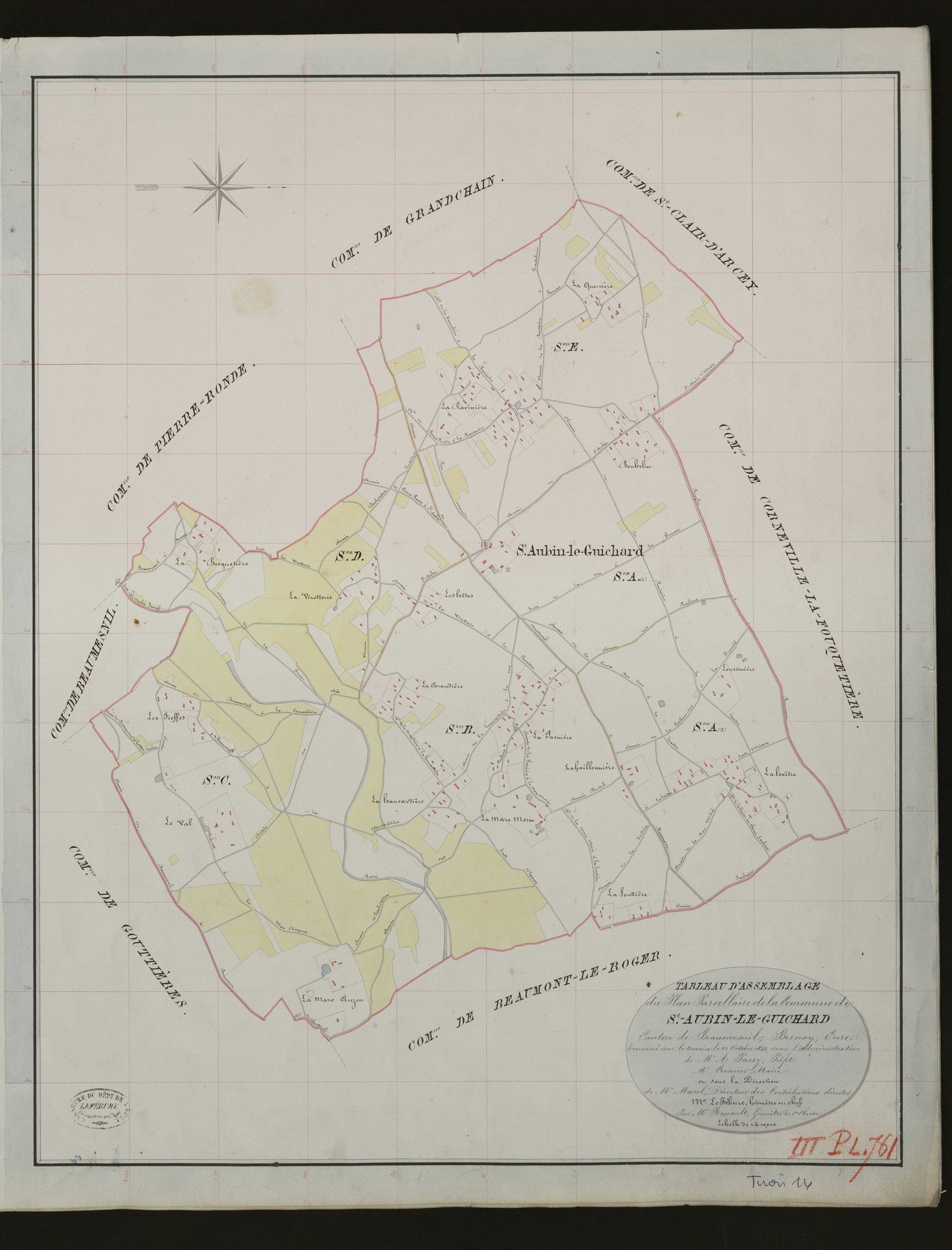 Saint-Aubin-le-Guichard. Tableau d'assemblage _ du Plan Parcellaire de la Commune de St-Aubin-le-Guichard. _ Canton de Beaumesnil - Bernay - Eure. _ Terminé sur le terrain le 22 octobre 1833 sous l'administration de M. A. Passy, Préfet _ M.
