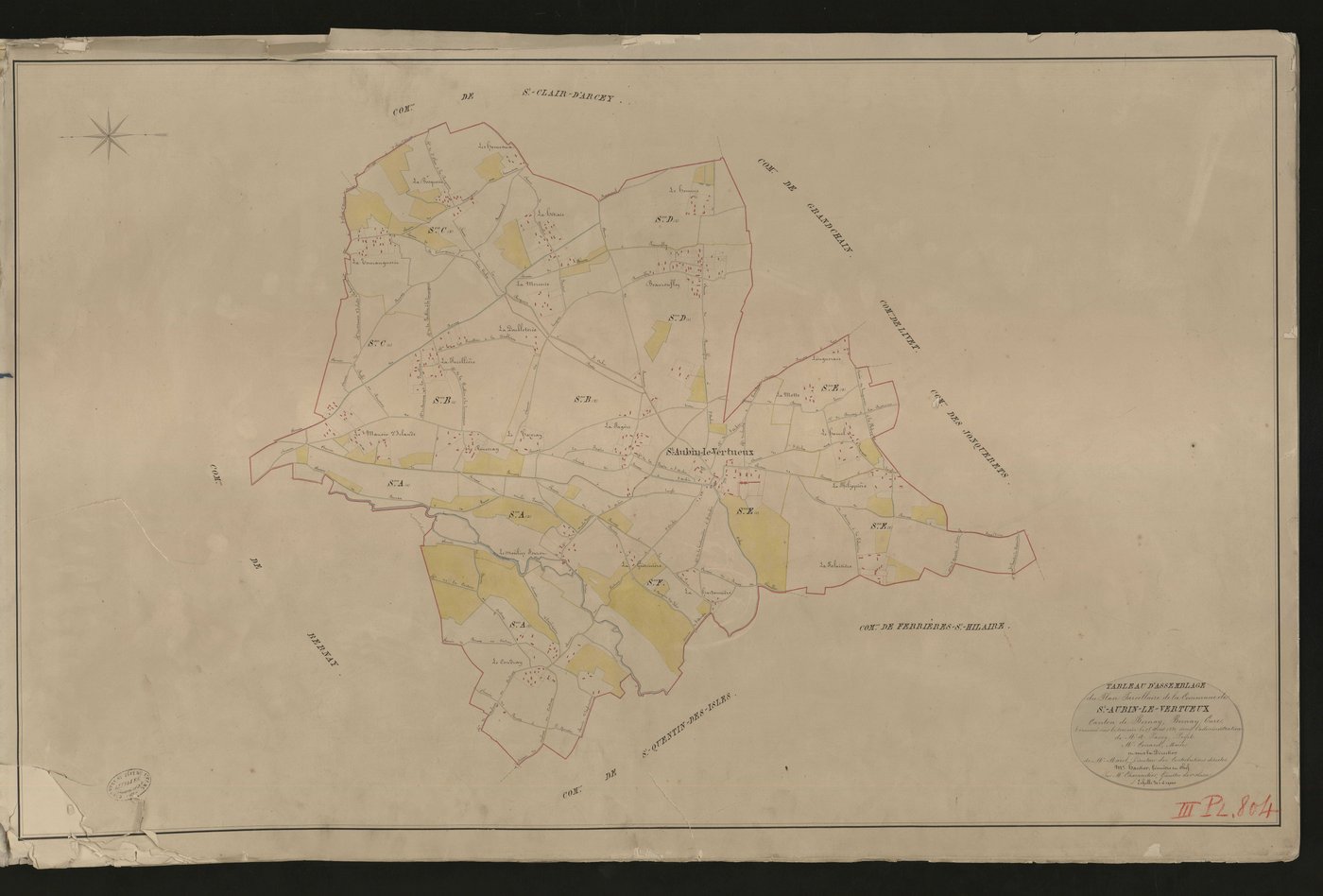 Saint-Aubin-le-Vertueux. Tableau d'assemblage _ du Plan Parcellaire de la Commune de Saint-Aubin-le-Vertueux. _ Canton de Bernay - Bernay - Eure. _ Terminé sur le terrain le 15 août 1830 sous l'administration de M.A Passy Préfet _ M. Connar