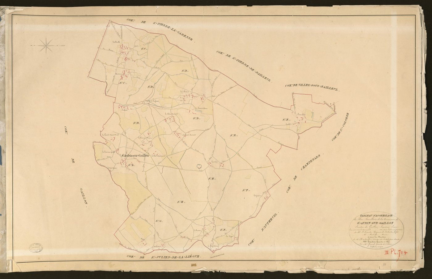 Saint-Aubin-sur-Gaillon. Tableau d'assemblage du Plan Parcellaire de la Commune de Saint-Aubin-sur-Gaillon _ Canton de Gaillon - Louviers - Eure. _ Terminé sur le terrain en 1829, sous l'administration de M. Le Vicomte Raymond Delaitre, Pré