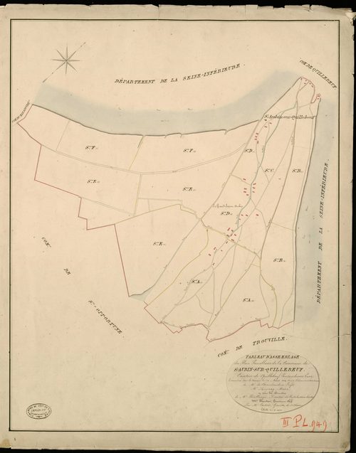 Saint-Aubin sur Quillebeuf. Tableau d'assemblage _ du Plan Parcellaire de la Commune de St Aubin-sur-Quillebeuf _ Canton de Quillebeuf - Pontaudemer - Eure. _ Terminé sur le Terrain le 10 aout 1810, sous l'administration de M. de Chambaudoi