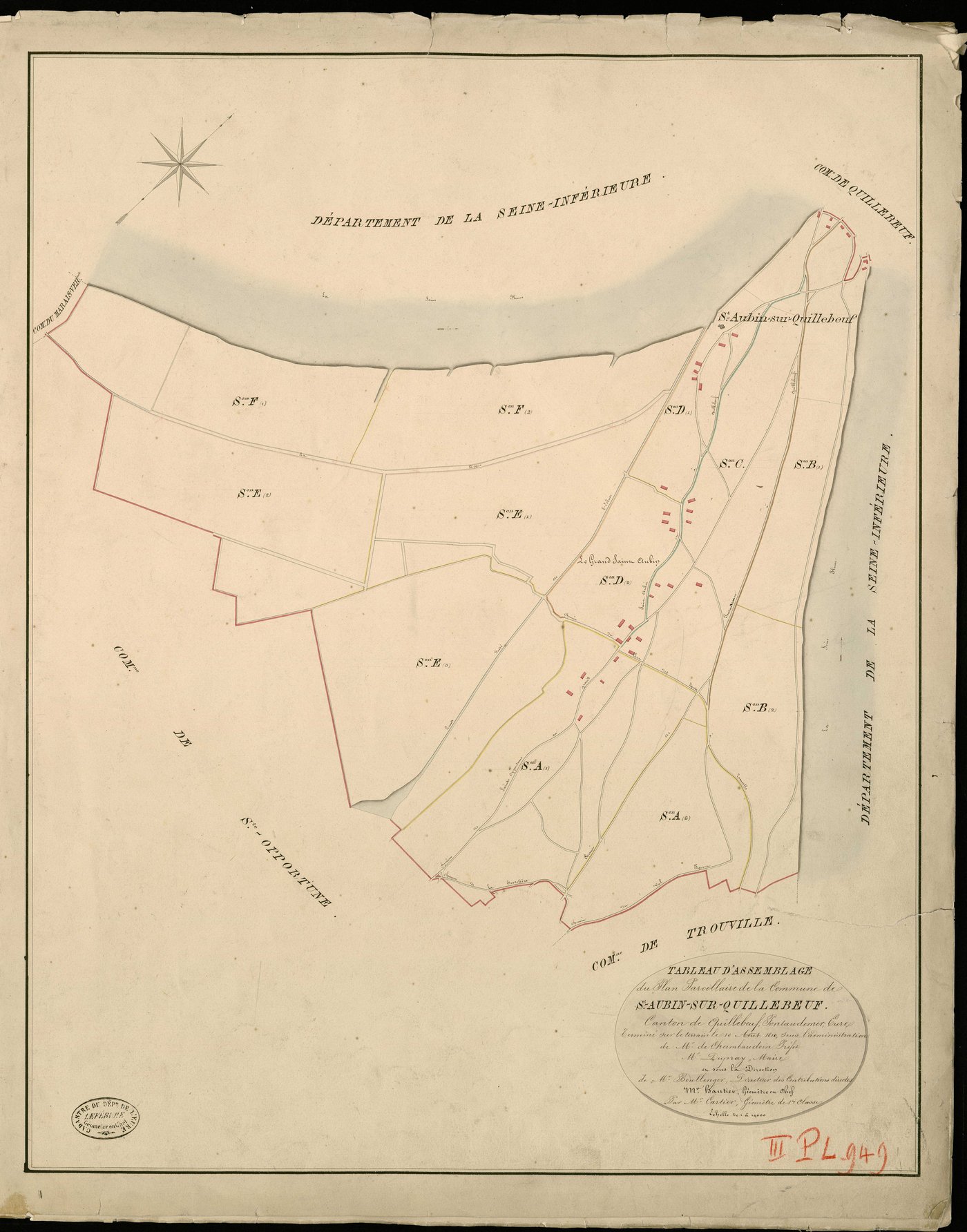 Saint-Aubin sur Quillebeuf. Tableau d'assemblage _ du Plan Parcellaire de la Commune de St Aubin-sur-Quillebeuf _ Canton de Quillebeuf - Pontaudemer - Eure. _ Terminé sur le Terrain le 10 aout 1810, sous l'administration de M. de Chambaudoi