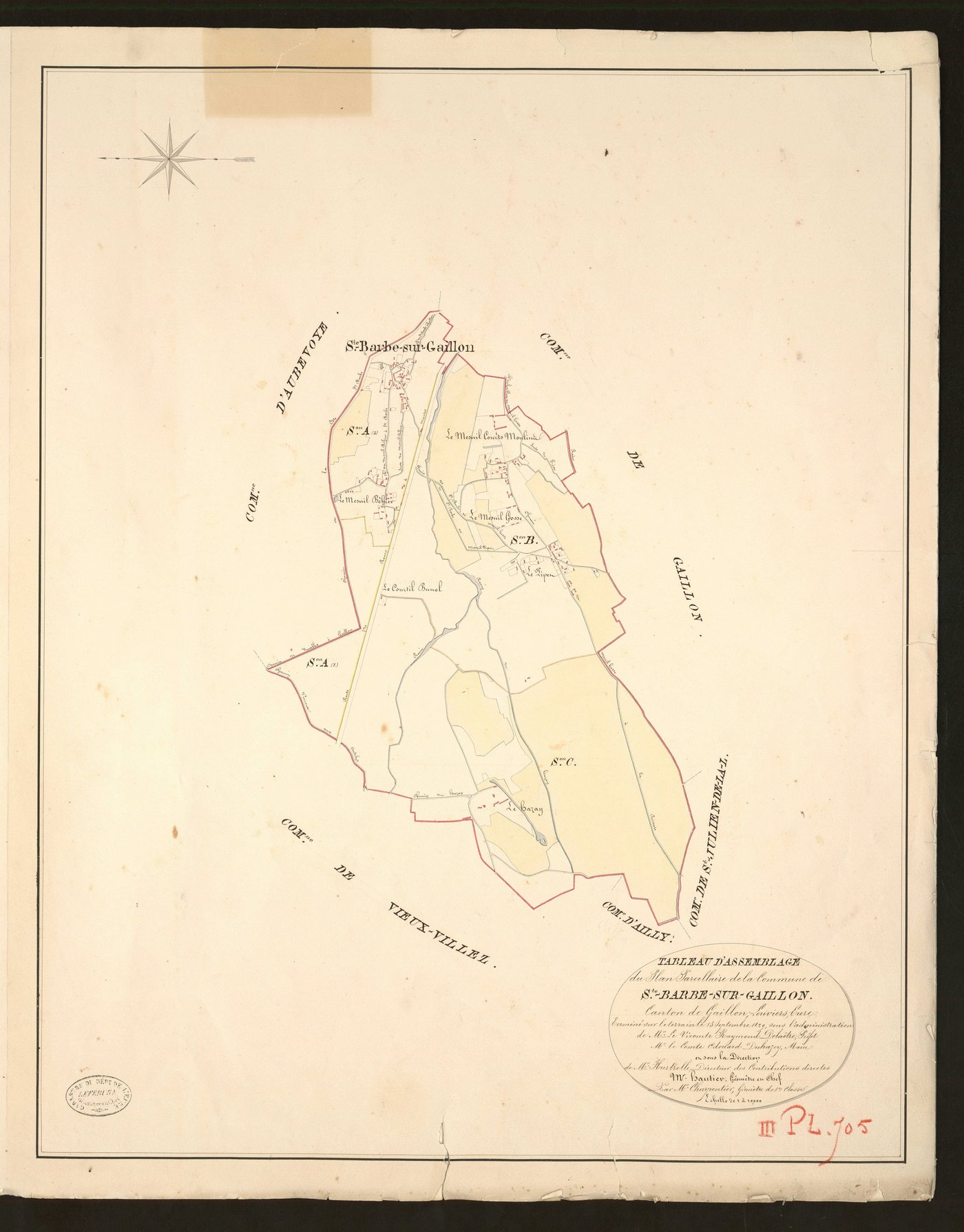 Sainte-Barbe-sur-Gaillon. Tableau d'assemblage du Plan Parcellaire de la Commune Sainte-Barbe-sur-Gaillon _ Canton de Gaillon - Louviers - Eure. _ Terminé sur le terrain le 15 septembre 1829, sous l'administration de M. Le Vicomte Raymond D