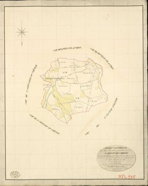 Saint-Benoît-des-Ombres. Tableau d'assemblage _ du Plan Parcellaire de la Commune de St Benoit-des-Ombres _ Canton de St Georges-du-Vièvre - Pontaudemer - Eure. _ Terminé sur le Terrain le 4 Aout 1838 , sous l'administration de M. de Monica