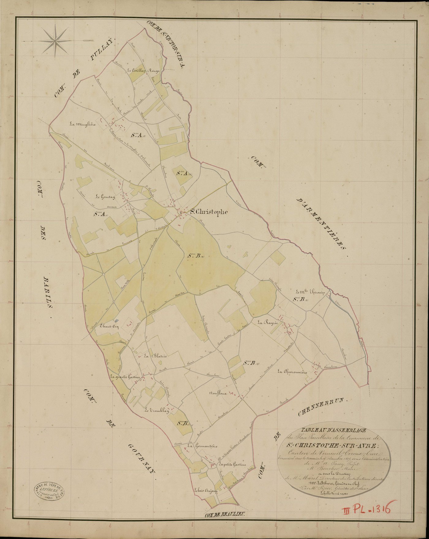 Saint-Christophe-sur-Avre. Tableau d'assemblage _ du Plan Parcellaire de la Commune de St Christophe sur Avre _ Canton de Verneuil - Evreux - Eure. _ Terminé sur le Terrain le 19 Décembre 1835, sous l'administration de M. A. Passy, Préfet _