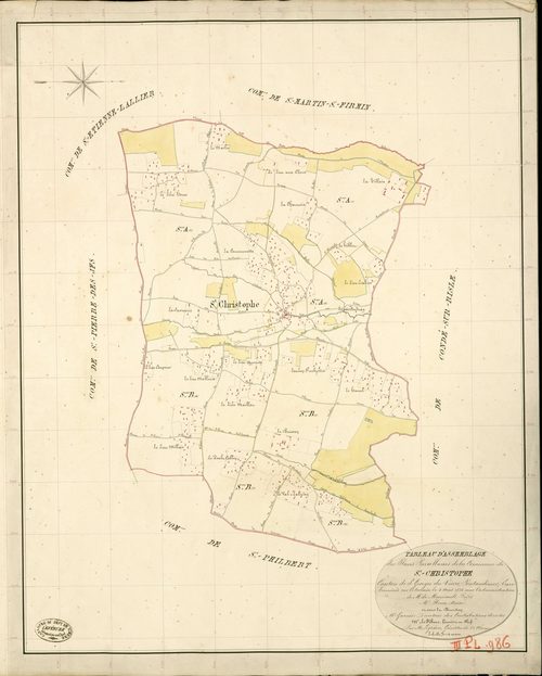 Saint-Christophe-sur-Condé. Tableau d'assemblage _ du Plan Parcellaire de la Commune de St Christophe _ Canton de St Georges-du-Vièvre - Pontaudemer - Eure. _ Terminé sur le Terrain le 4 Aout 1838 , sous l'administration de M. de Monicault,