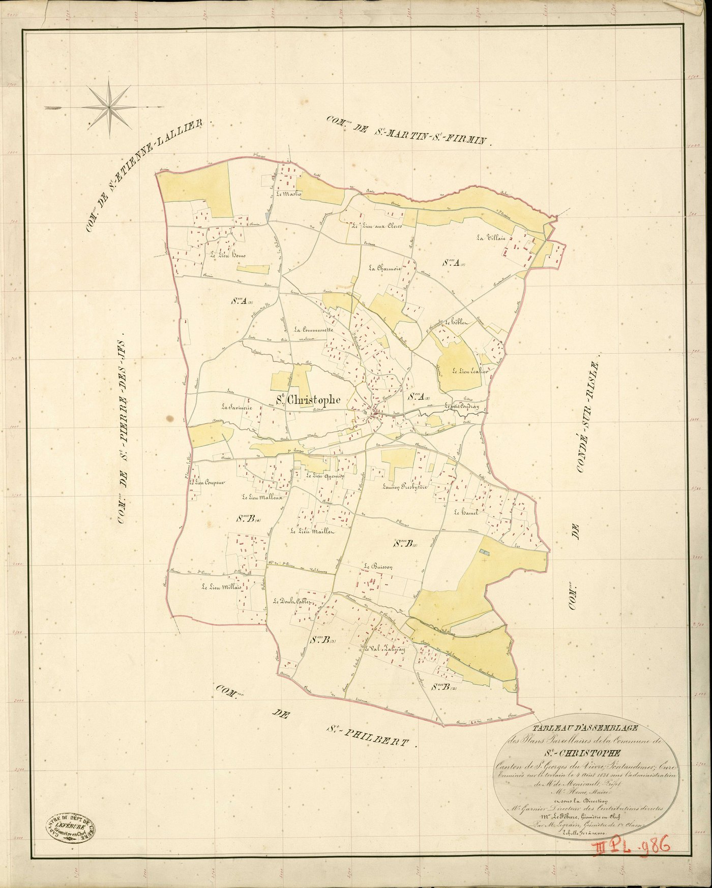 Saint-Christophe-sur-Condé. Tableau d'assemblage _ du Plan Parcellaire de la Commune de St Christophe _ Canton de St Georges-du-Vièvre - Pontaudemer - Eure. _ Terminé sur le Terrain le 4 Aout 1838 , sous l'administration de M. de Monicault,