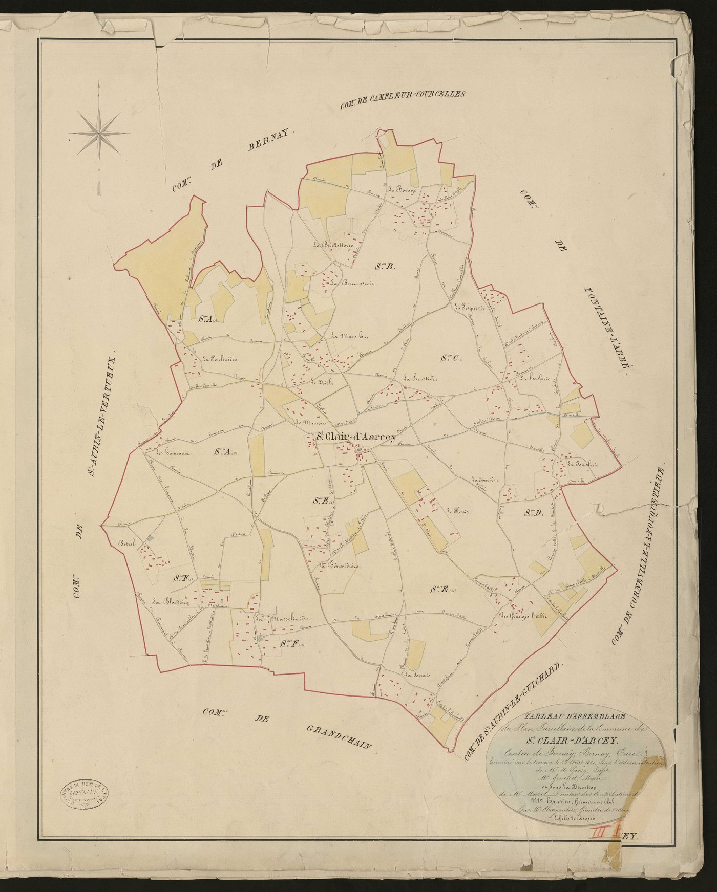 Saint-Clair-d'Arcey. Tableau d'assemblage _ du Plan Parcellaire de la Commune de Saint-Clair-d'Arcey. _ Canton de Bernay - Bernay - Eure. _ Terminé sur le terrain le 25 août 1830 sous l'administration de M. A Passy Préfet _ M. Gruchet, mair