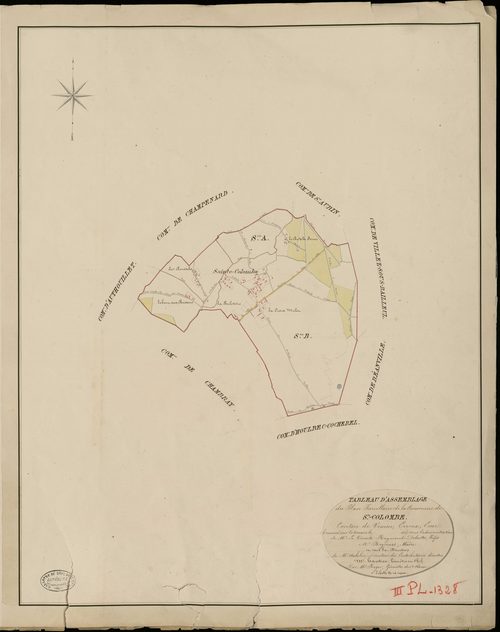 Sainte-Colombe-près-Vernon. Tableau d'assemblage _ du Plan Parcellaire de la Commune de Ste Colombe _ Canton de Vernon - Evreux - Eure. _ Terminé sur le Terrain en 1825, sous l'administration de M. Le Vicomte Raymond Delaitre, Préfet _ M. d