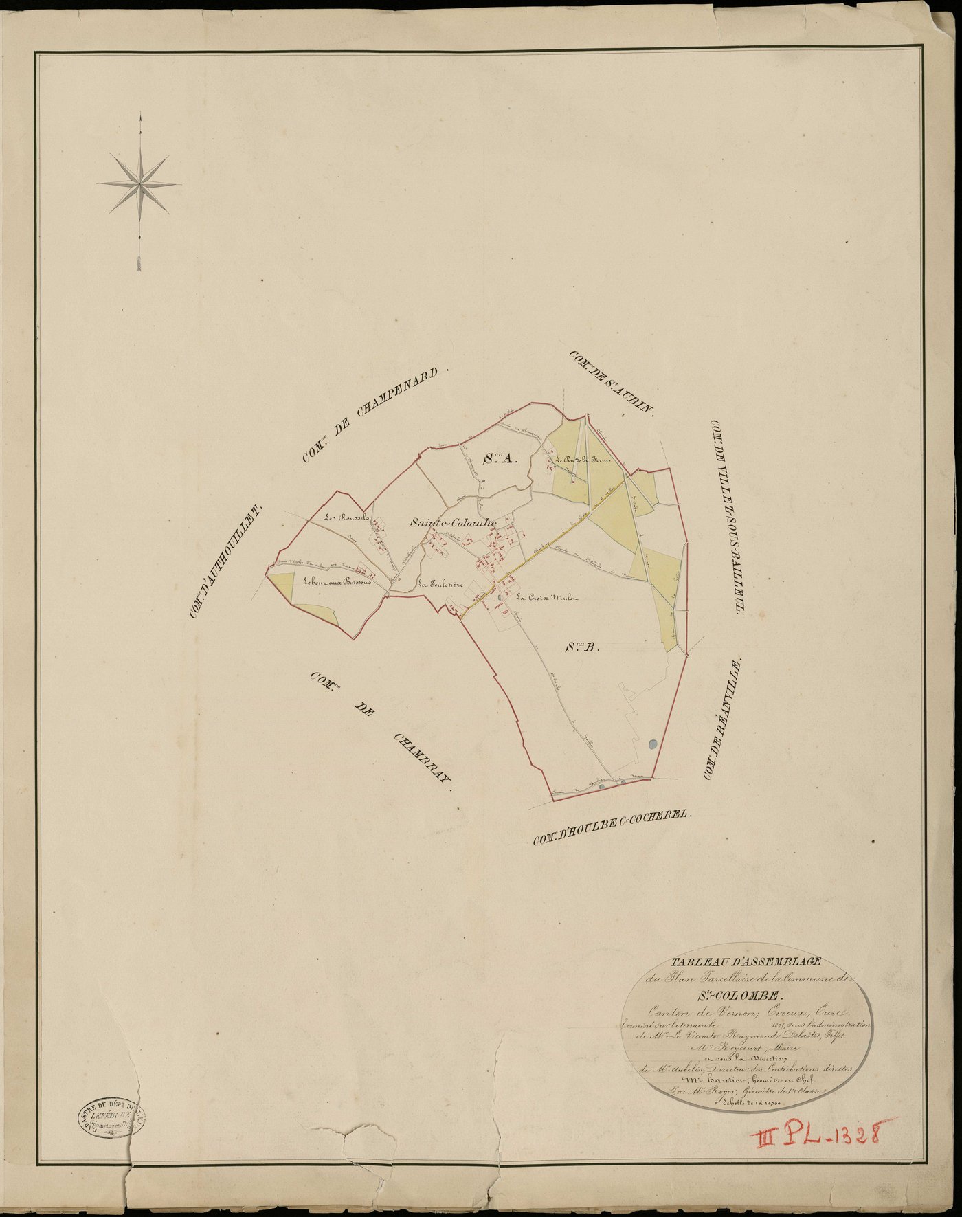 Sainte-Colombe-près-Vernon. Tableau d'assemblage _ du Plan Parcellaire de la Commune de Ste Colombe _ Canton de Vernon - Evreux - Eure. _ Terminé sur le Terrain en 1825, sous l'administration de M. Le Vicomte Raymond Delaitre, Préfet _ M. d