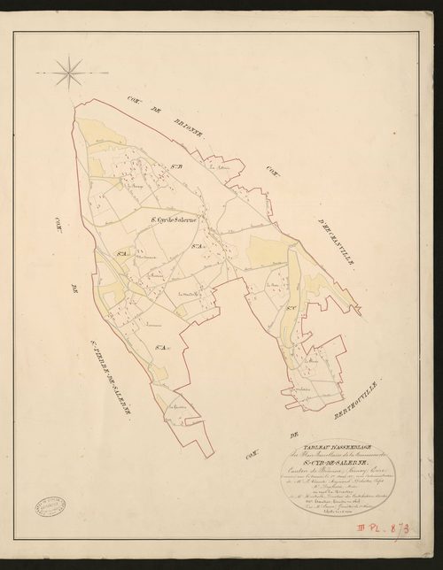 Saint-Cyr-de-Salerne. Tableau d'assemblage _ du Plan Parcellaire de la Commune de Saint-Cyr-de-Salerne _ Canton de Brionne - Bernay - Eure. _ Terminé sur le Terrain le 1 avril 1827, sous l'administration de M.le Vicomte Raymond Delaitre, Pr
