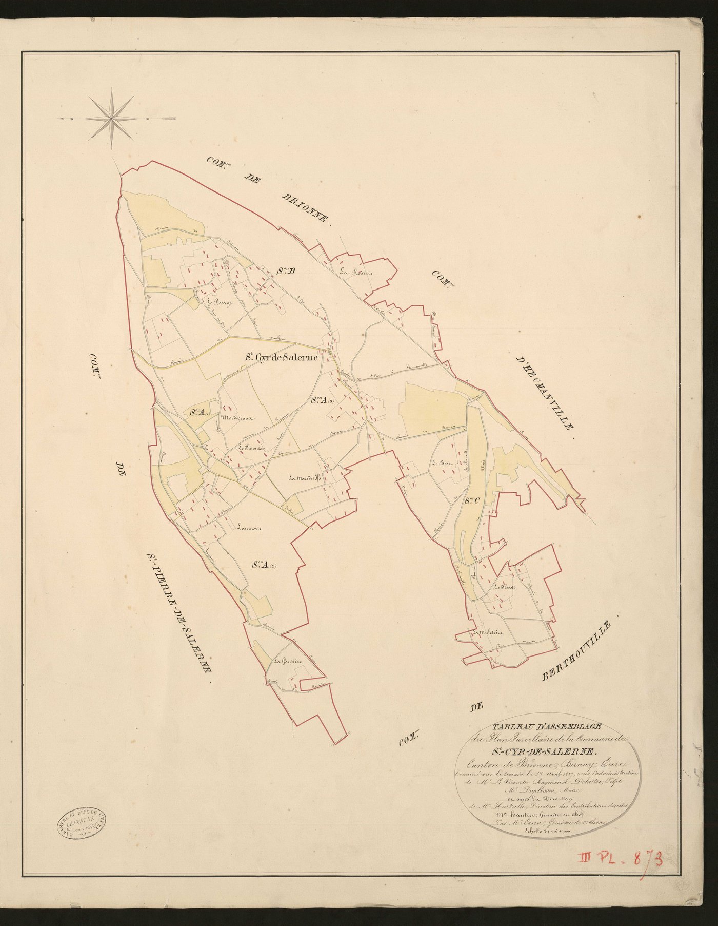 Saint-Cyr-de-Salerne. Tableau d'assemblage _ du Plan Parcellaire de la Commune de Saint-Cyr-de-Salerne _ Canton de Brionne - Bernay - Eure. _ Terminé sur le Terrain le 1 avril 1827, sous l'administration de M.le Vicomte Raymond Delaitre, Pr