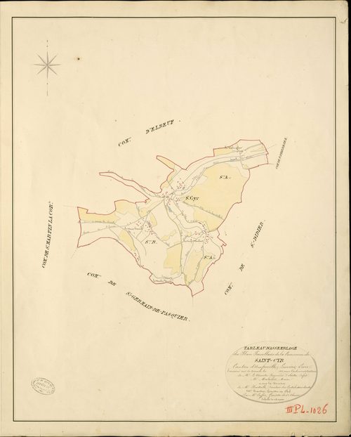 Saint-Cyr-la-Campagne. Tableau d'assemblage _ du Plan Parcellaire de la Commune de Saint-Cyr _ Canton d'Amfreville - Louviers - Eure. _ Terminé sur le Terrain en 1828 , sous l'administration de M. Le Vicomte Raymond Delaître , Préfet _ M. M