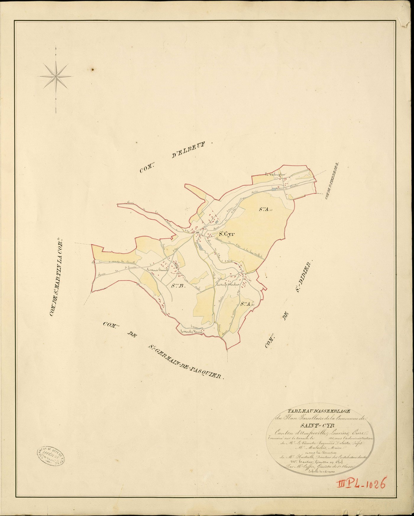 Saint-Cyr-la-Campagne. Tableau d'assemblage _ du Plan Parcellaire de la Commune de Saint-Cyr _ Canton d'Amfreville - Louviers - Eure. _ Terminé sur le Terrain en 1828 , sous l'administration de M. Le Vicomte Raymond Delaître , Préfet _ M. M