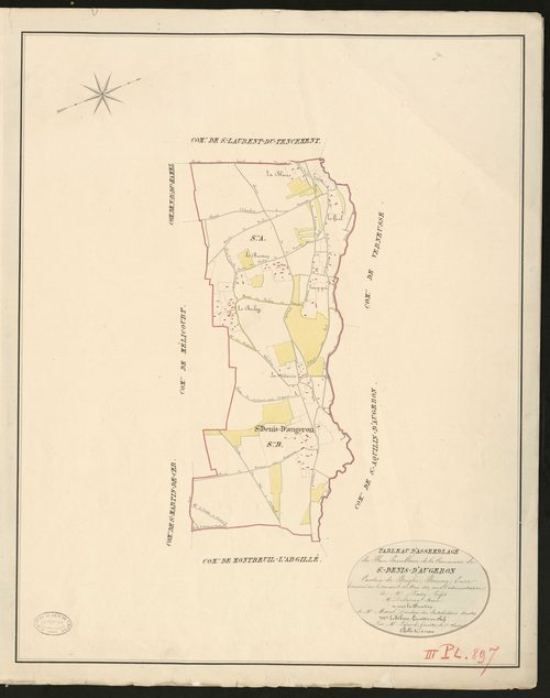 Saint-Denis-d'Augerons. Tableau d'assemblage du Plan Parcellaire de la Commune de Saint-Denis-d'Augeron. _ Canton de Broglie - Bernay - Eure. _ Terminé sur le terrain le 29 mai 1831, sous l'administration de M. Passy, Préfet - M. Debarrey, 