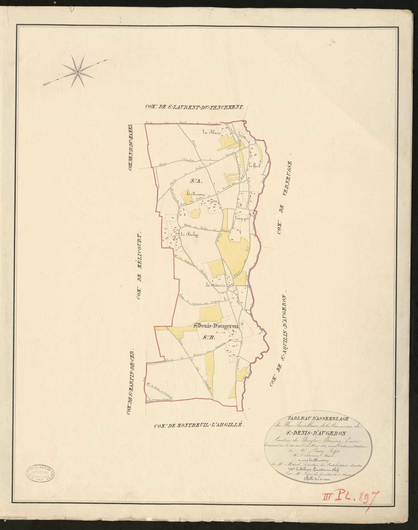 Saint-Denis-d'Augerons. Tableau d'assemblage du Plan Parcellaire de la Commune de Saint-Denis-d'Augeron. _ Canton de Broglie - Bernay - Eure. _ Terminé sur le terrain le 29 mai 1831, sous l'administration de M. Passy, Préfet - M. Debarrey, 