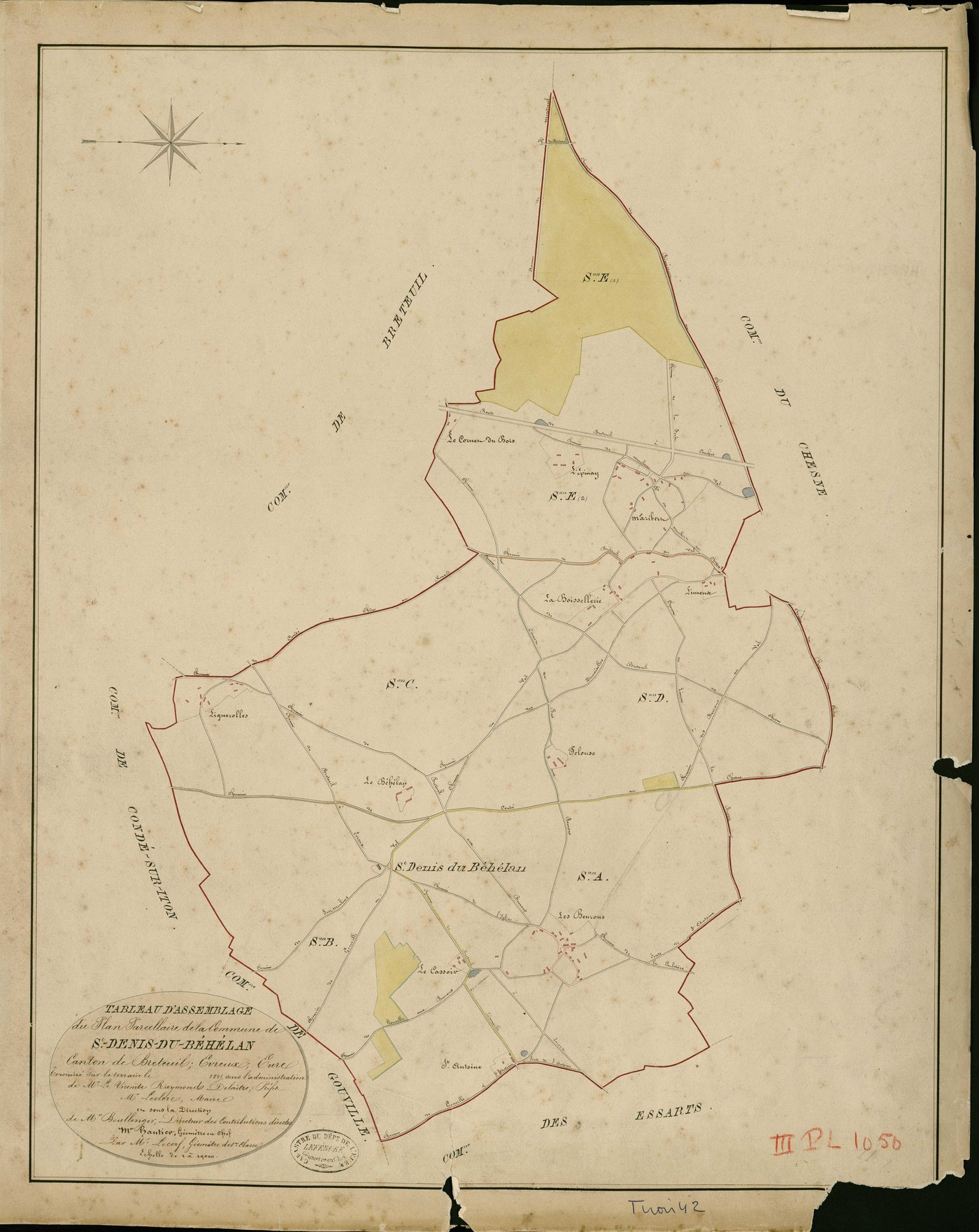 Saint-Denis-du-Béhélan. Tableau d'assemblage _ du Plan Parcellaire de la Commune de Saint Denis-du-Béhélan _ Canton de Breteuil - Evreux - Eure. _ Terminé sur le Terrain en 1829 , sous l'administration de M. Le Vicomte Raymond Delaître , Pr