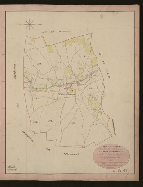Saint-Denis-le-Ferment. Tableau d'assemblage du Plan Parcellaire de la Commune de Saint-Denis-le-Ferment. _ Canton de Gisors - Andelys - Eure. _ Terminé sur le terrain le 9 septembre 1840, sous l'administration de M. de Monicault, Préfet - 