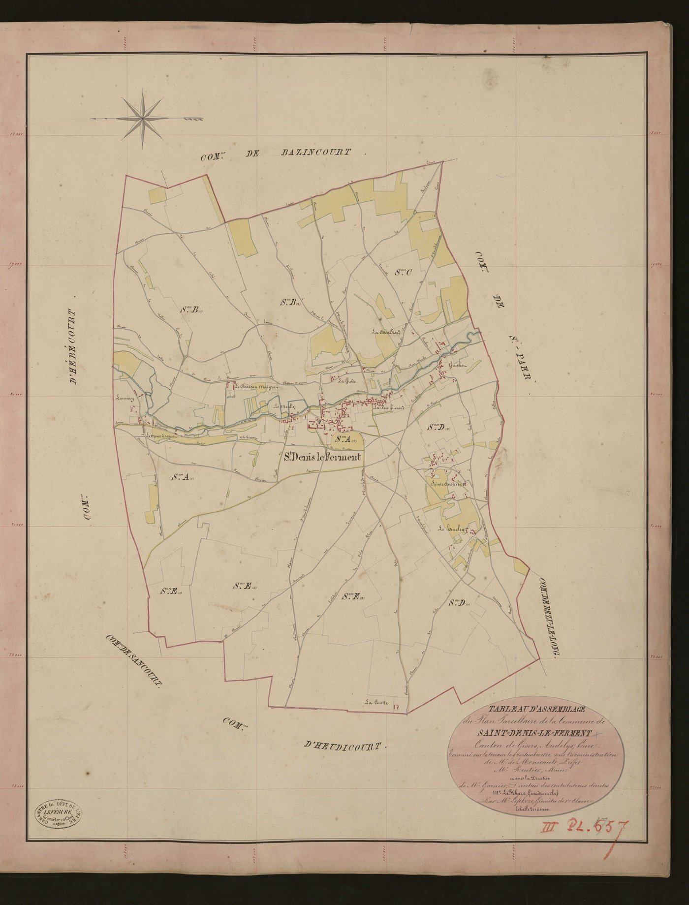 Saint-Denis-le-Ferment. Tableau d'assemblage du Plan Parcellaire de la Commune de Saint-Denis-le-Ferment. _ Canton de Gisors - Andelys - Eure. _ Terminé sur le terrain le 9 septembre 1840, sous l'administration de M. de Monicault, Préfet - 