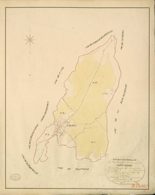 Saint-Didier-des-Bois. Tableau d'assemblage _ du Plan Parcellaire de la Commune de Saint-Didier _ Canton d'Amfreville - Louviers - Eure. _ Terminé sur le Terrain en 1828 , sous l'administration de M. Le Vicomte Raymond Delaître , Préfet _ M