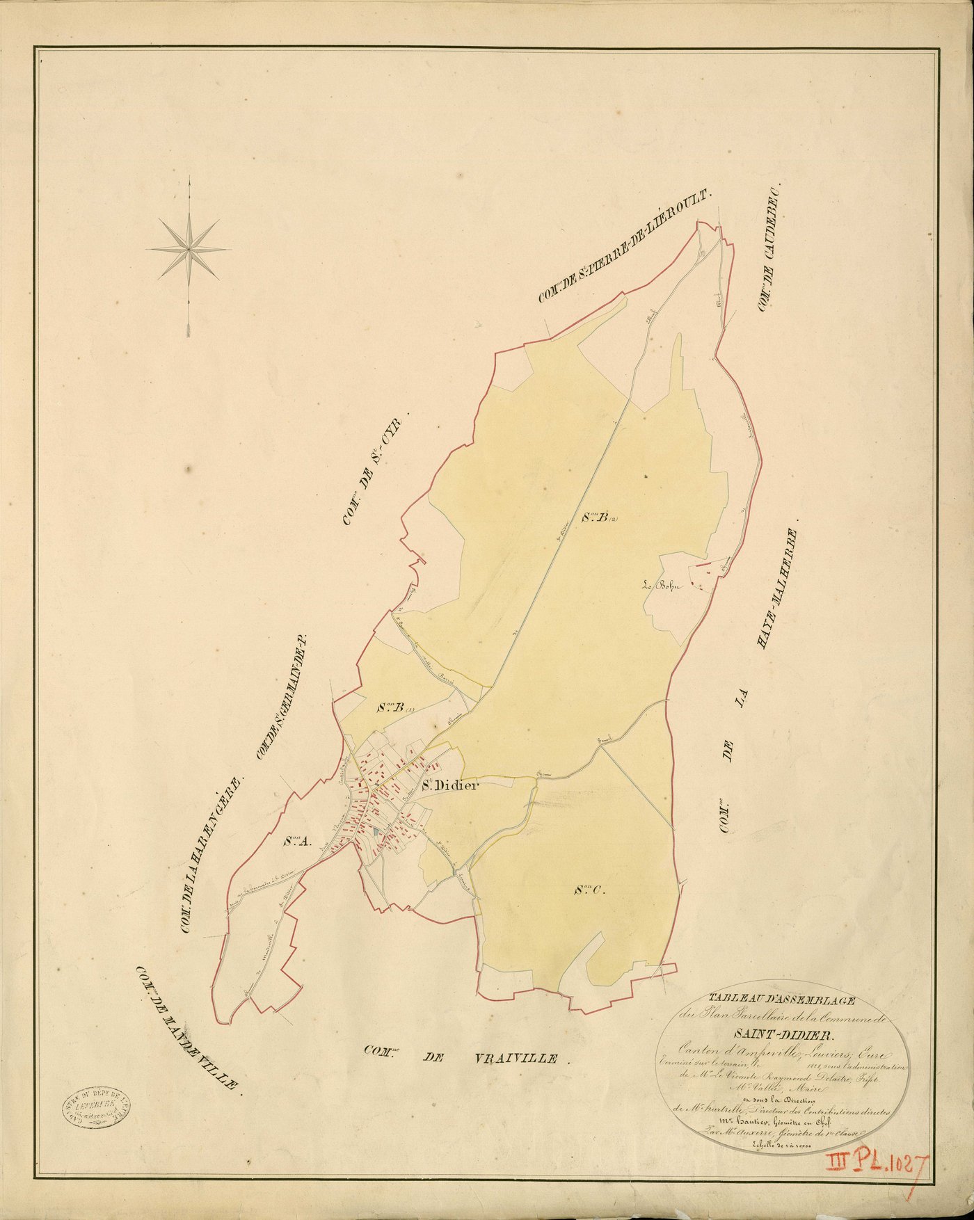 Saint-Didier-des-Bois. Tableau d'assemblage _ du Plan Parcellaire de la Commune de Saint-Didier _ Canton d'Amfreville - Louviers - Eure. _ Terminé sur le Terrain en 1828 , sous l'administration de M. Le Vicomte Raymond Delaître , Préfet _ M