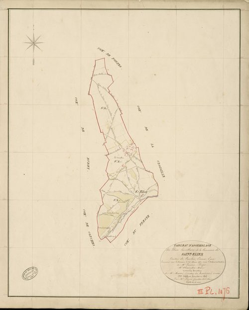 Saint-Elier. Tableau d'assemblage _ du Plan Parcellaire de la Commune de Saint-Elier _ Canton de Conches - Evreux - Eure. _ Terminé sur le Terrain le 29 Mars 1859 , sous l'administration de M. Janvier, Préfet _ M. Alexandre, Maire _ sous la