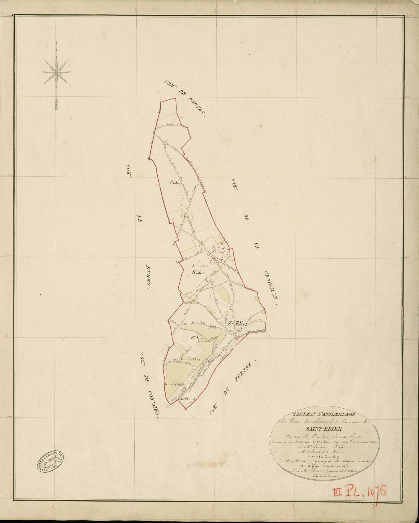 Saint-Elier. Tableau d'assemblage _ du Plan Parcellaire de la Commune de Saint-Elier _ Canton de Conches - Evreux - Eure. _ Terminé sur le Terrain le 29 Mars 1859 , sous l'administration de M. Janvier, Préfet _ M. Alexandre, Maire _ sous la